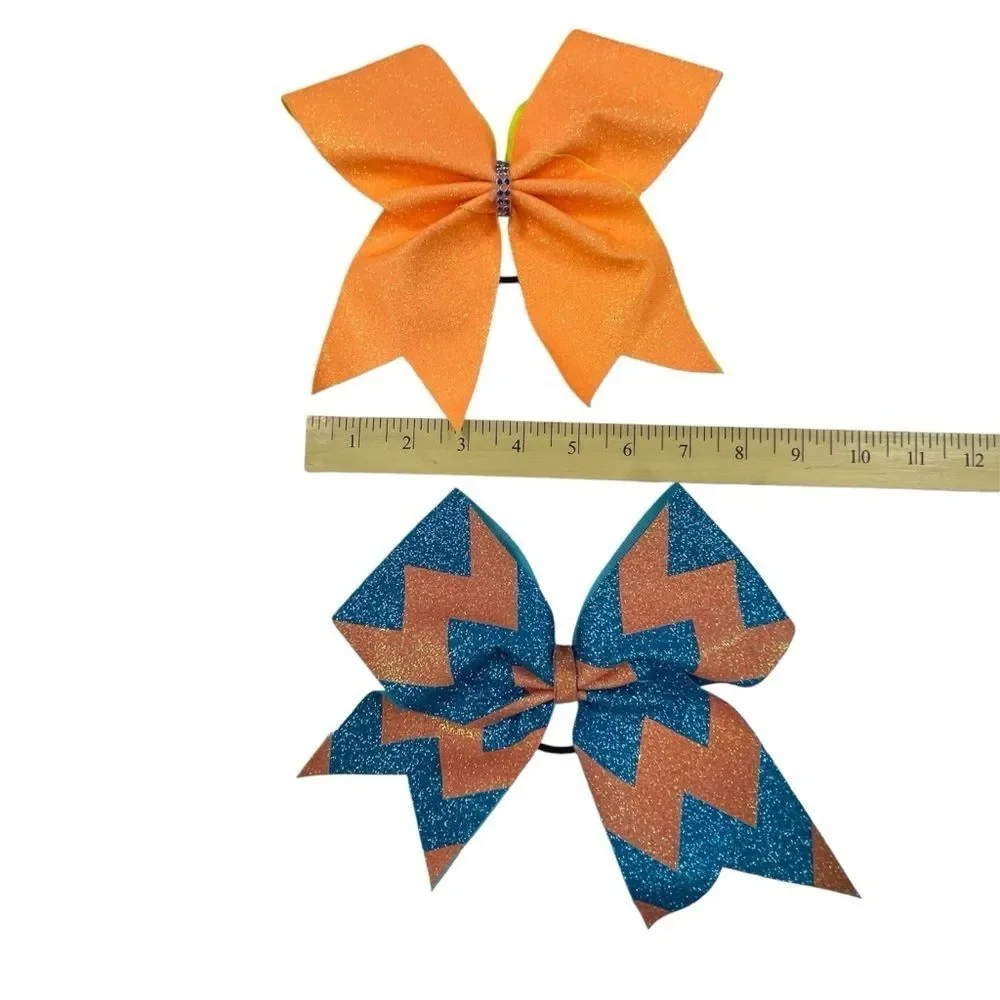 Cheer Hair Bows Set of 2 Elastic Band Orange and Blue Girl's Size Large